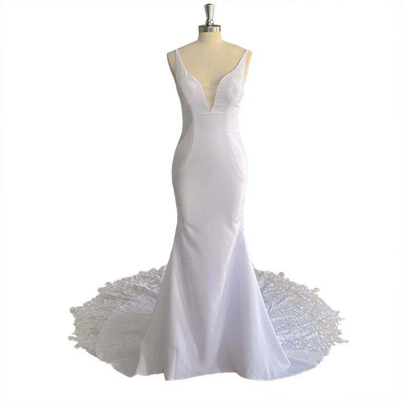 Simple Long Satin Lace Beach Wedding Dress Deep V Neck Sleeveless - MyChicDress