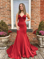 Simple Long V Neck Mermaid Red Formal Dress for Wedding Guests