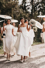 Simple Long White Satin Wedding Dresses A-Line Square Neck - MyChicDress