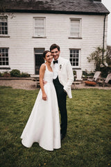Simple Long White Satin Wedding Dresses A-Line Square Neck - MyChicDress