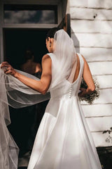 Simple Long White Satin Wedding Dresses A-Line Square Neck - MyChicDress