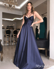 Simple Navy Blue Prom Dresses Satin A Line Evening Dresses Sleeveless