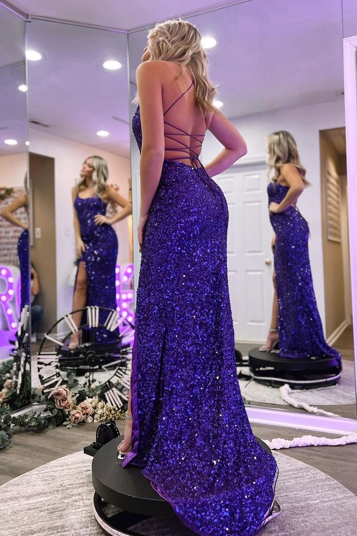 Simple Purple Formal Dress Sequin Straps Long Mermaid Prom Gown with Slit - MyChicDress