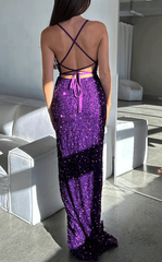 Simple Purple Iridescent Sequin Prom Formal Dresses Mermaid Straps Split - MyChicDress