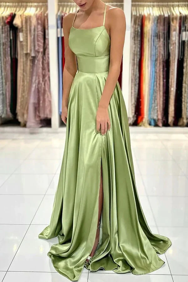 Simple Sage Green Satin Prom Dresses A-line Cheap Evening Dress Backle ...