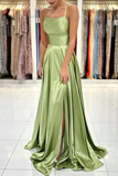 Simple Sage Green Satin Prom Dresses A-line Cheap Evening Dress Backless with Split