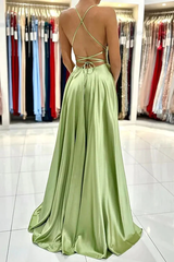 Simple Sage Green Satin Prom Dresses A-line Cheap Evening Dress Backless with Split