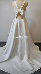 Simple Satin Minimalist Wedding Dresses V Neck Sleeveless with Pockets Bow