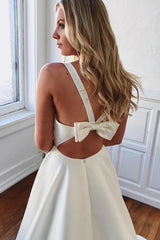 Simple Satin Minimalist Wedding Dresses V Neck Sleeveless with Pockets Bow - MyChicDress