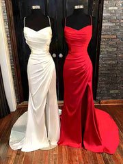 Simple Long Satin Semi Formal Dresses V Neck Mermaid Prom Dress