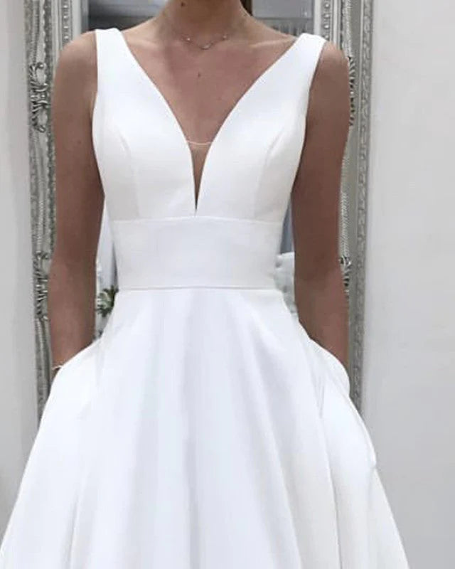 Simple Satin Minimalist Wedding Dress A Line V neck Sleeveless with Pockets - MyChicDress