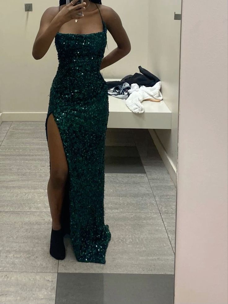 Simple Spaghetti Straps Dark Green Sequin Prom Dresses Mermaid - MyChicDress