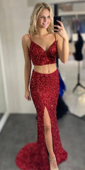 Simple Two Piece Sequins Prom Dress Red Mermaid - MyChicDress