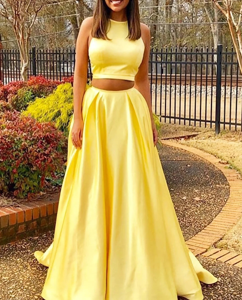 Simple Two Piece Yellow Prom Dresses Satin Long With Pockets - MyChicDress