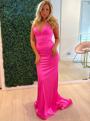 Simple V Neck Mermaid Hot Pink Formal Dresses for Wedding Guests - MyChicDress