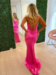 Simple V Neck Mermaid Hot Pink Formal Dresses for Wedding Guests - MyChicDress