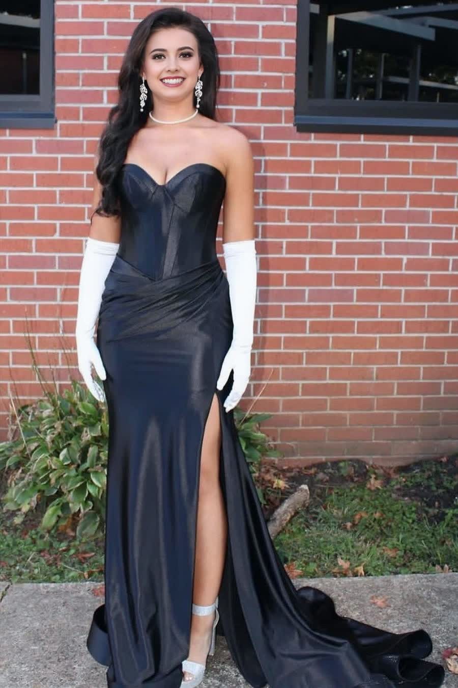 Simple Long Mermaid Gold Prom Dresses Satin Sweetheart Slit