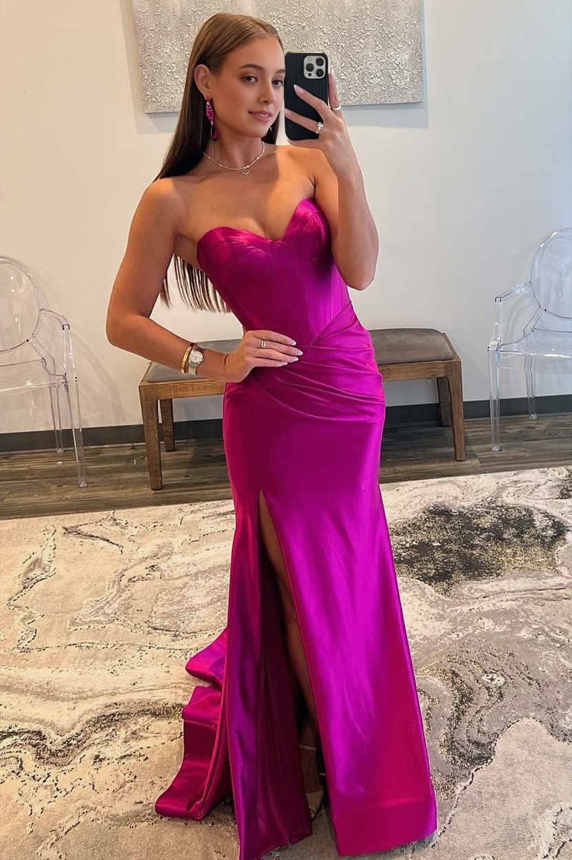 Simple Long Mermaid Gold Prom Dresses Satin Sweetheart Slit