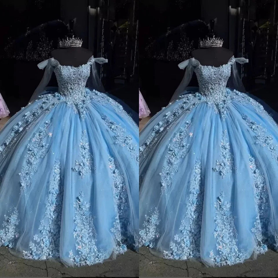 sky Blue Lace Quinceanera dress with bow 3D FLowers Sweet 16 ball gowns