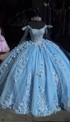 sky Blue Lace Quinceanera dress with bow 3D FLowers Sweet 16 ball gowns