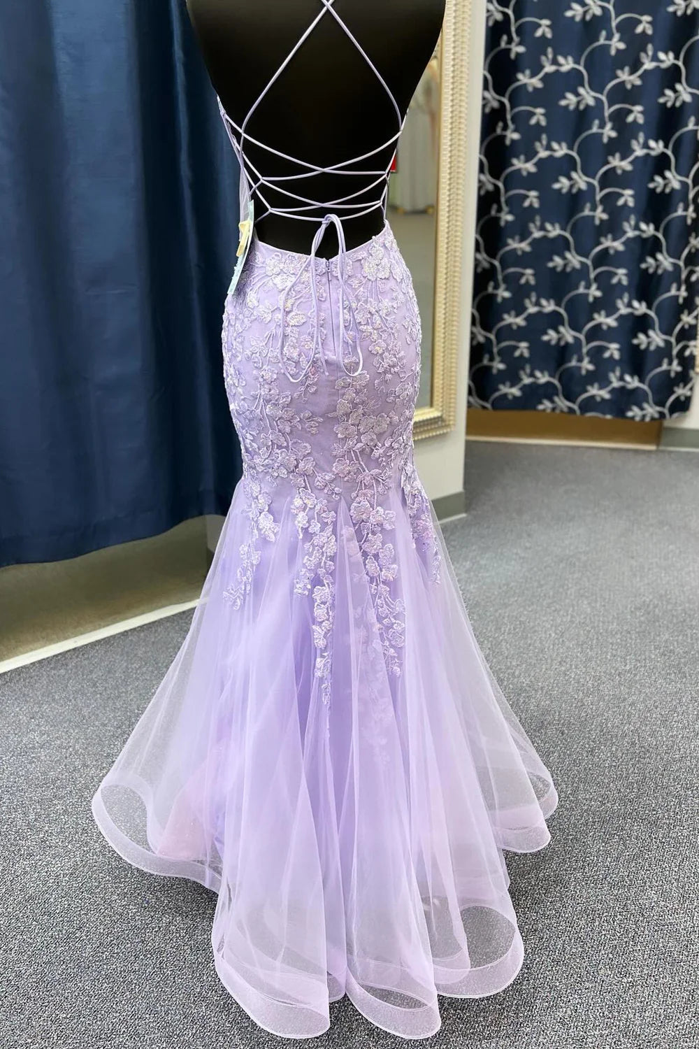 Spaghetti Straps Mermaid Lace Prom Dresses Sage Green Appliques - MyChicDress