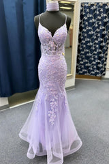 Spaghetti Straps Mermaid Lace Prom Dresses Sage Green Appliques - MyChicDress