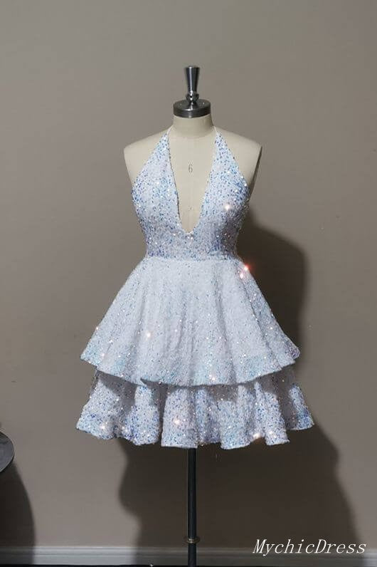 Fokissy Sparkly Sequin Homecoming Dress 2024 - A-Line Backless Mini Dress With Lace, Prom Party Dress For Teens