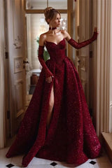 Sparkly Princess Burgundy Sequin Prom Dresses Strapless with High Slit