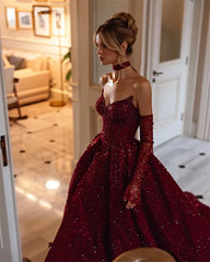 Sparkly Princess Burgundy Sequin Prom Dresses Strapless with High Slit