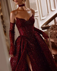 Sparkly Princess Burgundy Sequin Prom Dresses Strapless with High Slit