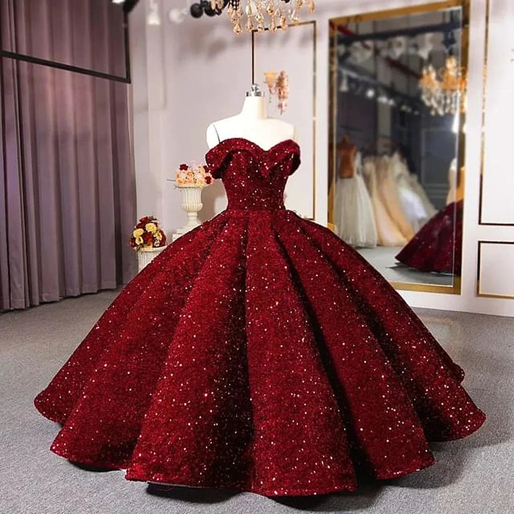 Sparkly burgundy Quinceanera Dresses Sequins Beaded Corset Sweet 16 Dress MyChicDress