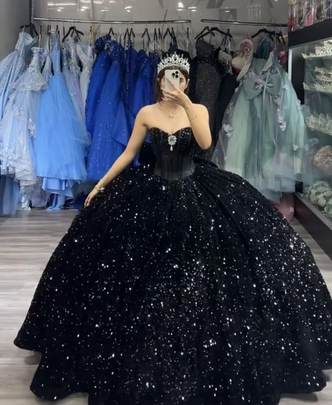 Sparkly Black Sequin Quinceanera 15 Dresses Beaded Strapless with Bow - MyChicDress