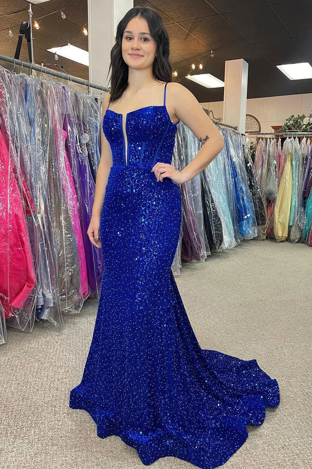 Sparkly Mermaid Royal Blue Corset Prom Dresses Sequins – MyChicDress
