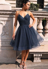 Sparkly Navy Blue Homecoming Dresses Knee Length V Neck Party Gowns
