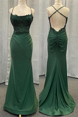 Mermaid Long Prom Dresses Hunter Green Straps Formal Dress Beaded