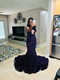 Sparkly Purple Sequined Prom Dresses 2024 Black Girls Mermaid Formal Dress