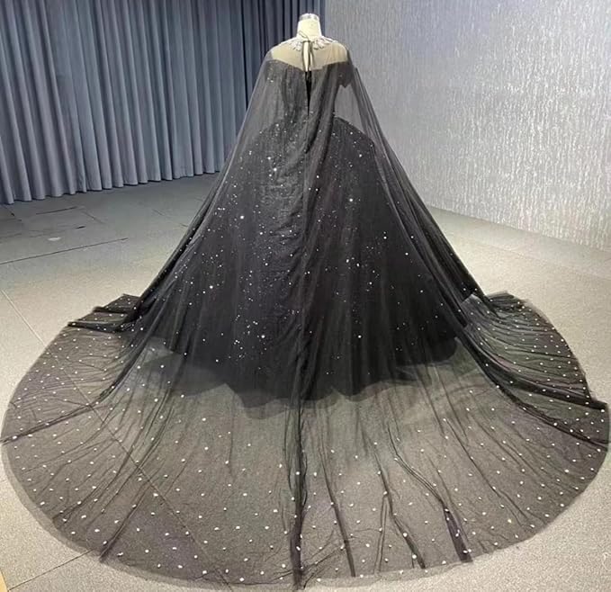 Sparkly Sequin Black Wedding Dress with Cape Off Shoulder Puffy Ball Gowns - MyChicDress