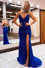 Sparkly Sequin Prom Dresses Royal Blue Mermaid Long Evening Dress