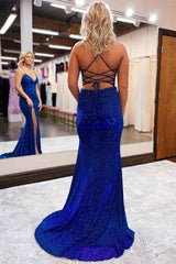Sparkly Sequin Prom Dresses Royal Blue Mermaid Long Evening Dress