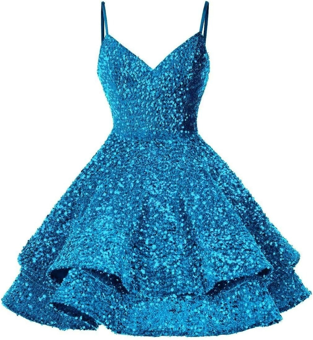Sparkly Sequin Short V Neck Homecoming Dresses for Teens - MyChicDress