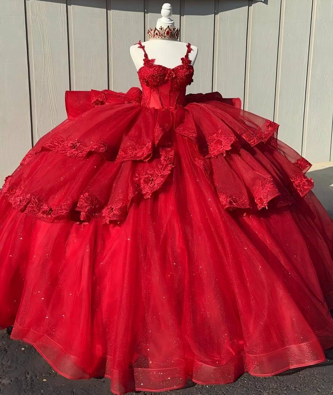 Sparkly Red Quinceanera Dresses Tiered Ruffles Sequin Lace Vestidos De 15