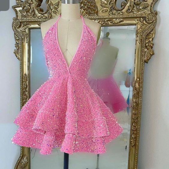 Sparkly Sequin Short V Neck pink Homecoming Dresses for Teens Mychicdress