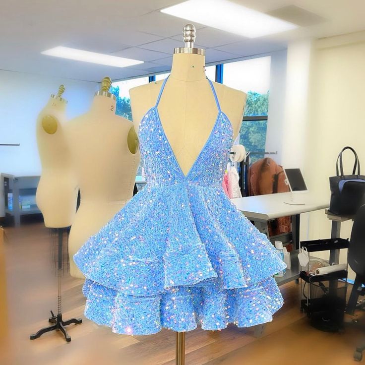 Sparkly Sequin Short V Neck blue Homecoming Dresses for Teens Mychicdress