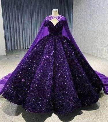 Sparkly Sequin Purple Wedding Dress with Cape Off Shoulder Puffy Ball Gowns