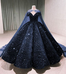 Sparkly Sequin Black Wedding Dress with Cape Off Shoulder Puffy Ball Gowns