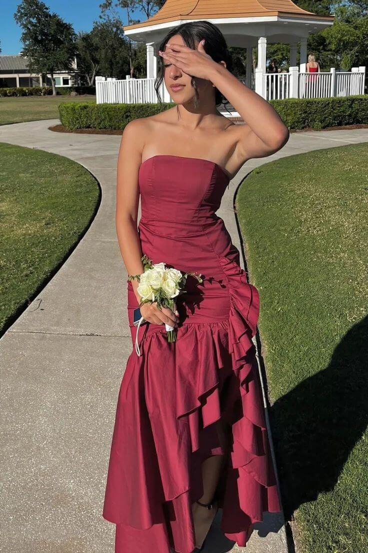 Strapless Burgundy Prom Dress Asymmetrical Layered with Slit 