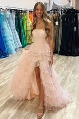 Pink Strapless Prom Dress Layered Sequin Tulle with Ruffles