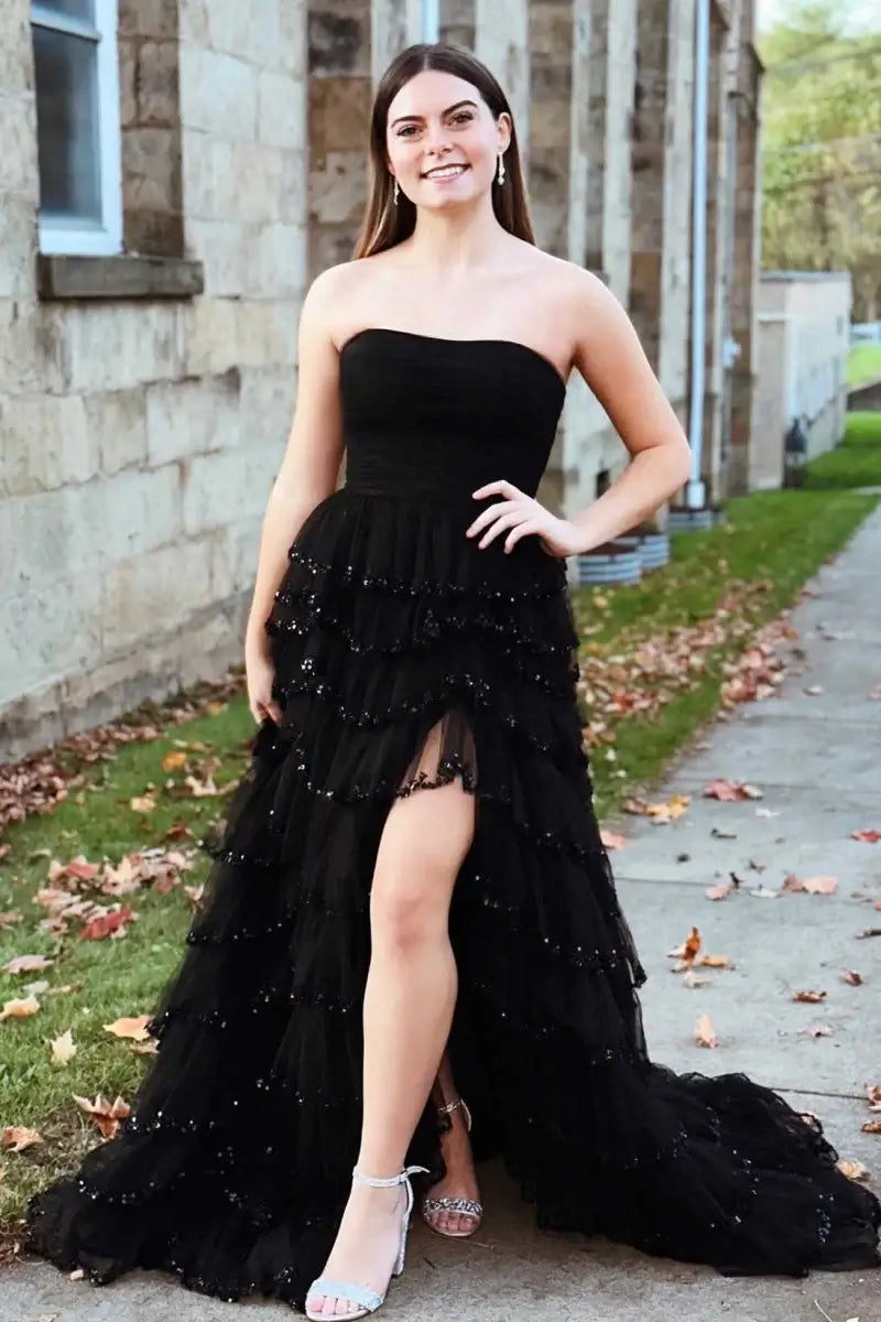 Black Strapless Prom Dress Layered Sequin Tulle with Ruffles