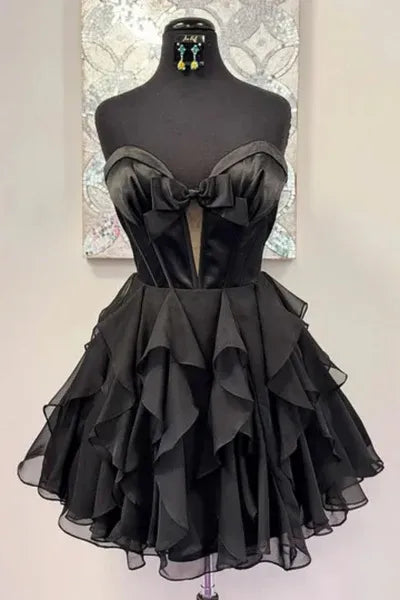 Strapless Short Black Homecoming Dress with Ruffles