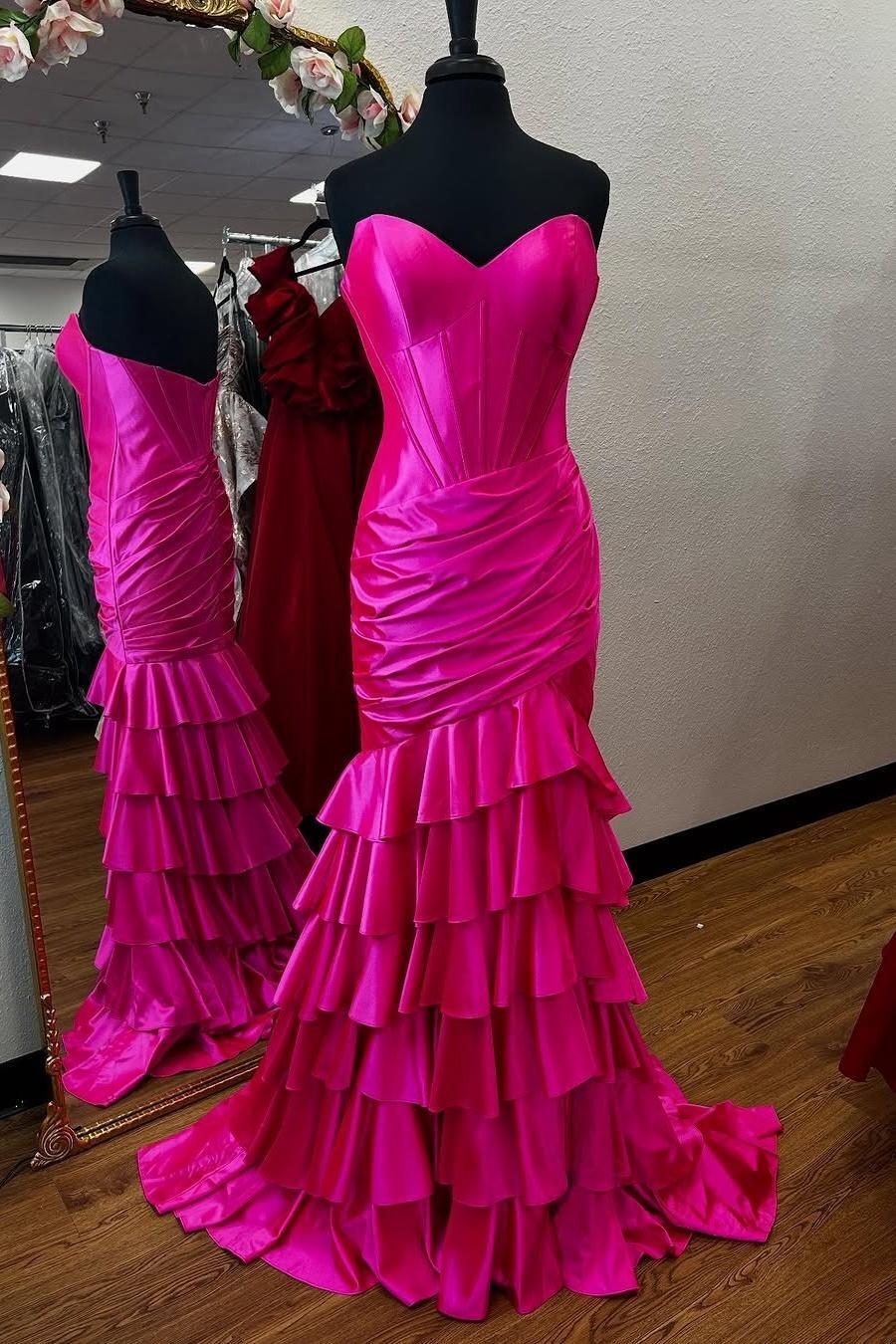 Strapless Tiered Stretch Satin hot pink Prom Dress Mermaid with Slit